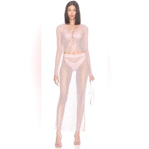 LPA Bibiana Liquid Shine Pink Mesh w Iridescent Jewel Embellished Maxi Skirt